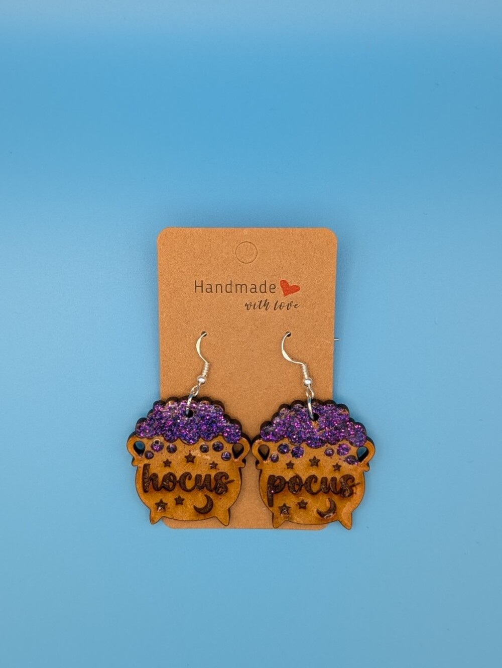 Handmade Purple Glitter Hocus Pocus Wood Dangle Earrings